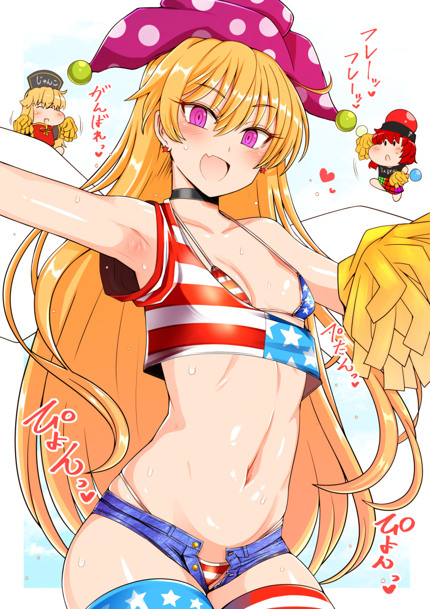 3girls :d ^_^ american_flag_bikini american_flag_legwear american_flag_shirt armpits bangs bare_shoulders bikini black_choker blonde_hair blue_bikini blue_legwear blue_shirt blush breasts chibi choker closed_eyes clownpiece collarbone commentary_request cowboy_shot crop_top denim denim_shorts earrings eyebrows_visible_through_hair fairy_wings fang flag_print groin hair_between_eyes hat head_tilt headdress heart hecatia_lapislazuli highres jester_cap jewelry junko_(touhou) long_hair looking_at_viewer micro_shorts midriff minigirl multicolored multicolored_clothes multicolored_skirt multiple_girls navel open_fly open_mouth polka_dot polka_dot_hat polos_crown pom_poms purple_eyes purple_headwear red_bikini red_hair red_legwear red_shirt roki_(hirokix) shirt short_hair short_sleeves shorts single_strap skin_fang skirt small_breasts smile star star_earrings star_print stomach sweat swimsuit tabard thighhighs touhou translation_request very_long_hair white_background wings