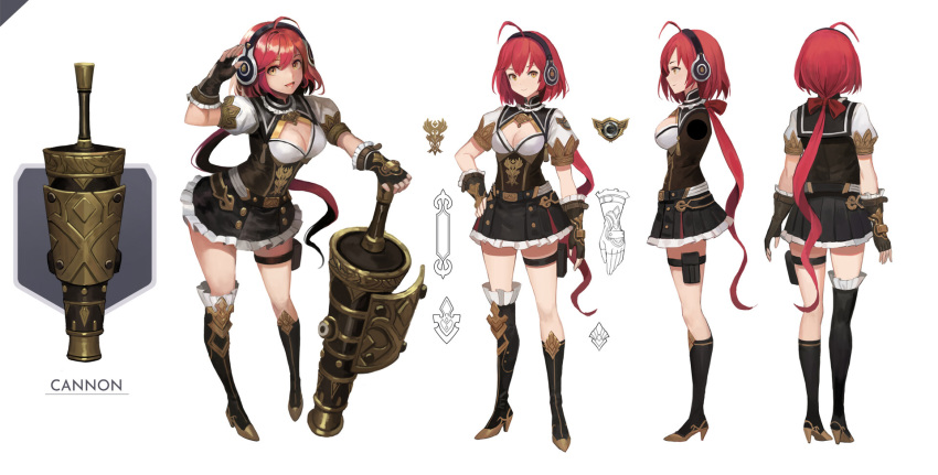 1girl ahoge arm_up asymmetrical_legwear bangs belt boots bow breasts buttons cannon cleavage cleavage_cutout concept_art crest fingerless_gloves frilled_skirt frills full_body gloves hair_bow hand_on_weapon hand_up headphones high_heel_boots high_heels highres knee_boots long_hair looking_at_viewer medium_breasts miniskirt orange_eyes original ponytail pose rainmood red_bow red_hair short_hair short_sleeves simple_background skirt thigh_pouch very_long_hair weapon white_background
