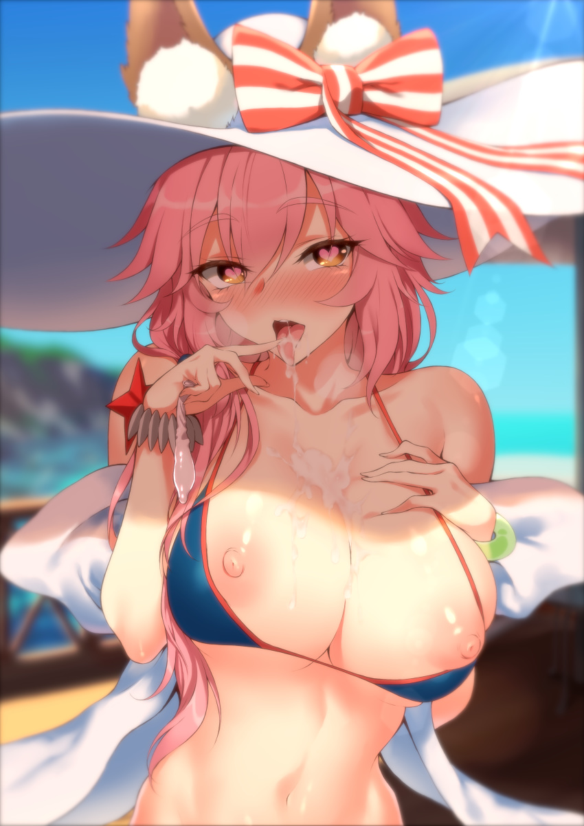 1girl absurdres animal_ears bare_shoulders bikini blue_bikini blue_sky blurry blurry_background blush breasts breasts_outside brown_eyes collarbone condom cum cum_in_mouth cum_on_body cum_on_breasts cum_on_tongue cum_on_upper_body day fate_(series) fox_ears hat heart heart-shaped_pupils highres large_breasts long_hair mo3hig3 naughty_face nipples nose_blush open_mouth outdoors pink_hair sky solo sun_hat swimsuit symbol-shaped_pupils tamamo_(fate)_(all) tamamo_no_mae_(swimsuit_lancer)_(fate) tongue tongue_out upper_body used_condom white_headwear wrist_cuffs