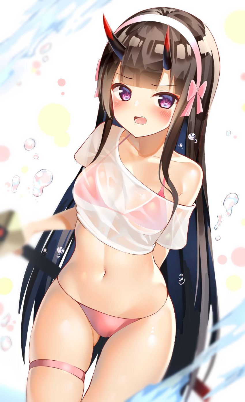 1girl :o absurdres ass_visible_through_thighs bikini blurry breasts brown_hair bubble collarbone commentary_request cowboy_shot crop_top hairband highres kurotobi_rarumu long_hair looking_at_viewer medium_breasts navel no_pants off_shoulder oni_horns open_mouth original pink_bikini purple_eyes see-through shirt short_sleeves skindentation solo stomach string_bikini swimsuit t-shirt thigh_strap thighs very_long_hair wet wet_clothes wet_shirt wet_t-shirt white_shirt