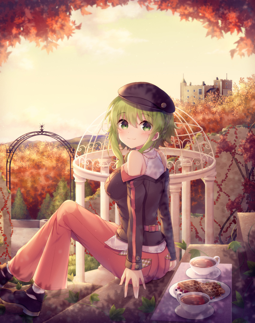 1girl arch autumn autumn_leaves belt black_shirt black_tea blueberry cabbie_hat castle commentary cup food fruit green_eyes green_hair gumi hat highres leaf light_blush looking_at_viewer looking_to_the_side maple_leaf off-shoulder_shirt off_shoulder outdoors pants pink_pants plate raspberry sakakidani shirt shoes sitting smile sneakers solo stairs tea teacup tree vocaloid waffle