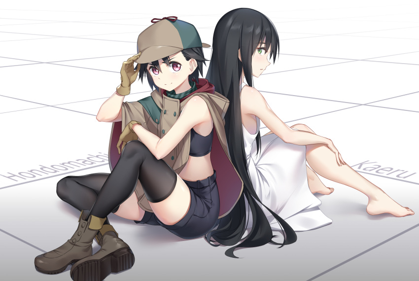 2girls absurdres adjusting_clothes adjusting_hat back-to-back barefoot black_hair black_legwear black_shorts brown_footwear brown_gloves coat dress flat_chest gloves green_eyes hat highres hondoumachi_koharu id_:invaded j-cube long_hair looking_at_viewer multiple_girls pantyhose pink_eyes short_hair shorts sitting thighhighs white_dress