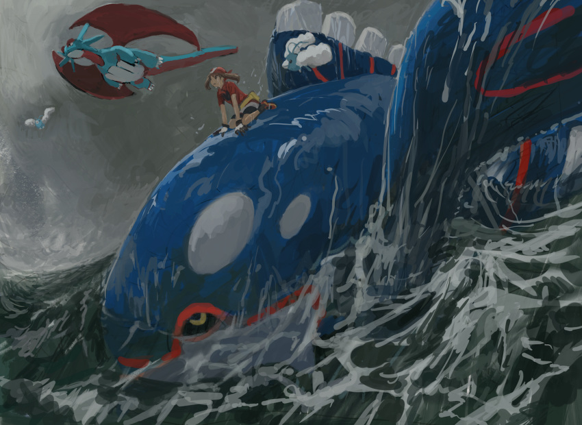 1girl black_shorts brown_hair commentary_request flying grey_sky haruka_(pokemon) kyogre legendary_pokemon minahamu ocean pokemon red_shirt riding riding_pokemon salamence shirt shorts sky swablu wet