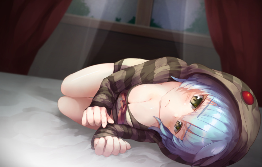 1girl arm_rest bangs bare_legs blue_hair breasts cleavage closed_mouth commentary_request curtains downblouse eyebrows_visible_through_hair full_body green_eyes highres hood hood_up hoodie indoors kemono_friends long_sleeves looking_at_viewer lying medium_breasts on_side oren_(770len) solo striped striped_hoodie tsuchinoko_(kemono_friends) window