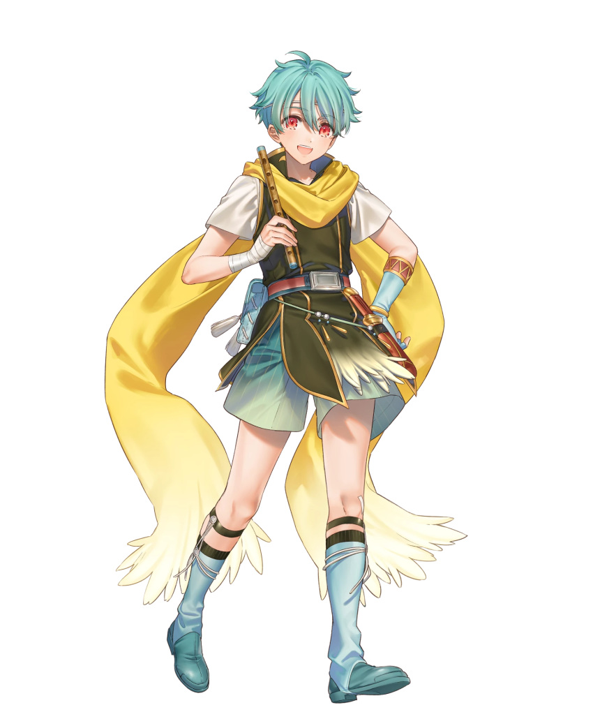 1boy bandages belt blue_hair boots circlet fingerless_gloves fire_emblem fire_emblem:_the_blazing_blade fire_emblem_heroes flute full_body gloves highres instrument kippu knife nils_(fire_emblem) official_art open_mouth red_eyes scarf solo teeth transparent_background