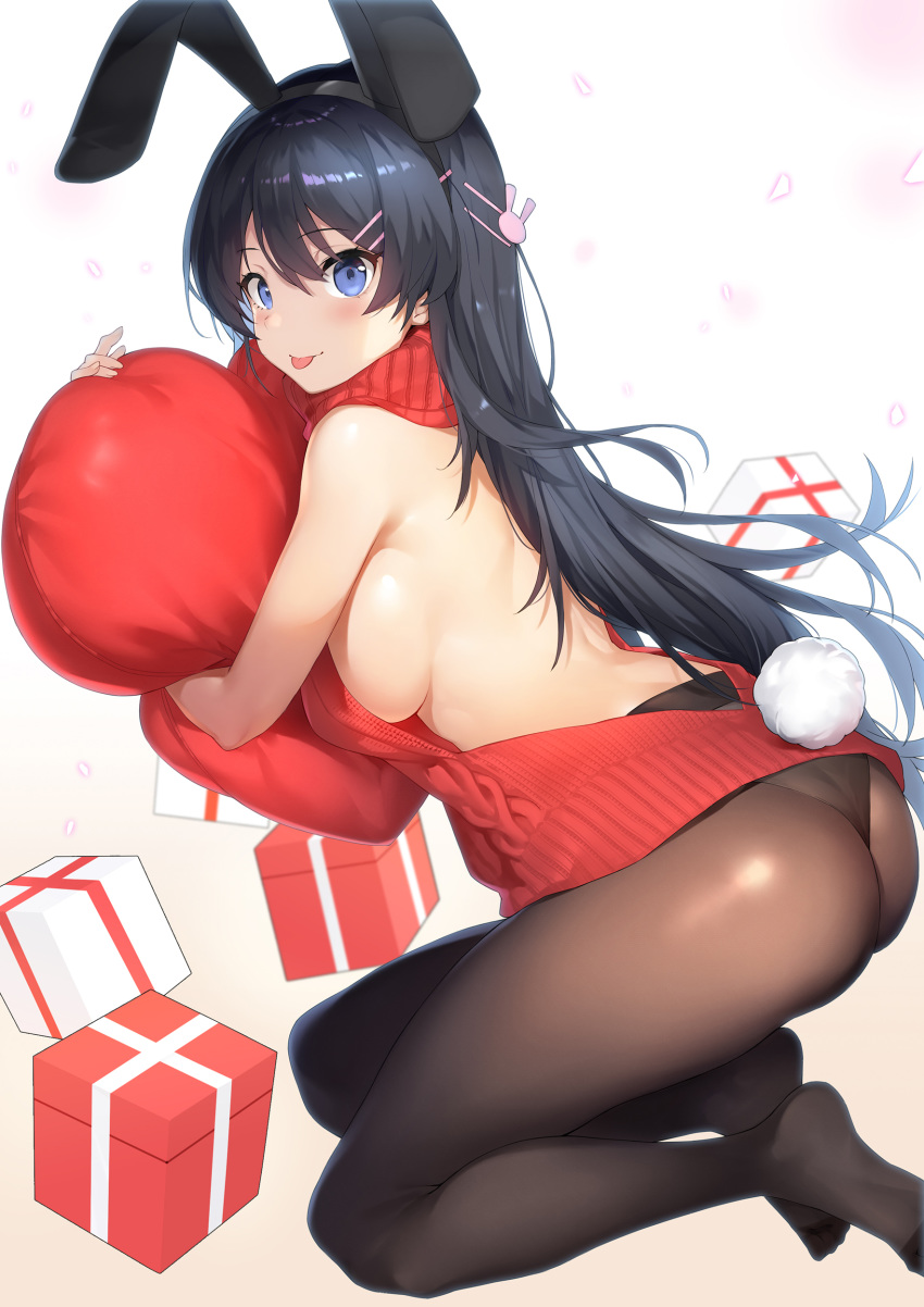 1girl :p absurdres animal_ears ass black_hair blue_eyes breasts brown_legwear bunny_ears bunny_tail fake_animal_ears feet from_side hair_ornament hairband hairclip heart heart_pillow highres kneeling large_breasts long_hair looking_at_viewer meme_attire no_shoes panties panties_under_pantyhose pantyhose pillow ribbed_sweater sakurajima_mai seishun_buta_yarou sideboob solo sweater tail tongue tongue_out turtleneck turtleneck_sweater underwear virgin_killer_sweater yykuaixian