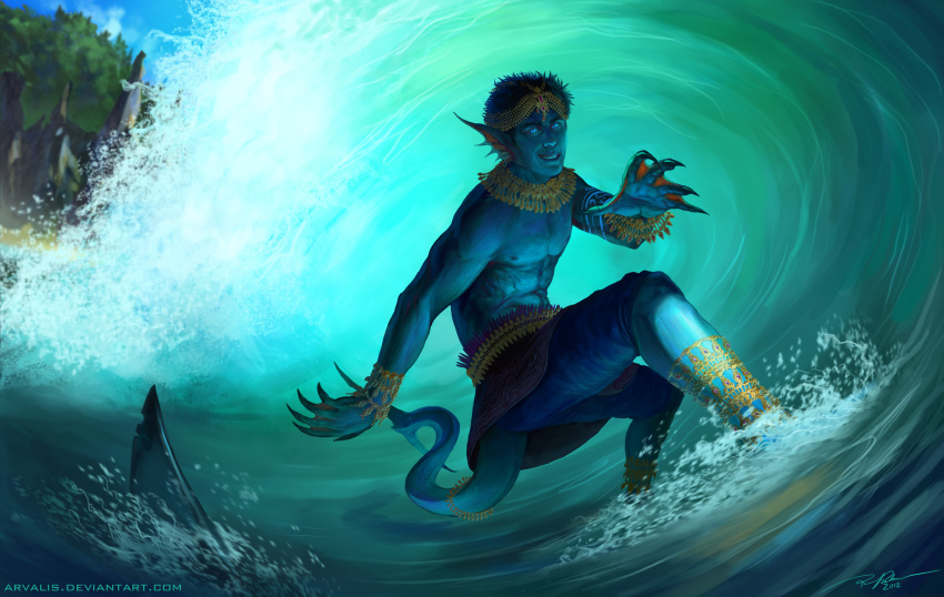 2012 abs absurd_res animal_humanoid arvalis day detailed_background digital_media_(artwork) fish fish_humanoid hi_res humanoid male marine marine_humanoid outside shark_humanoid sky smile standing water