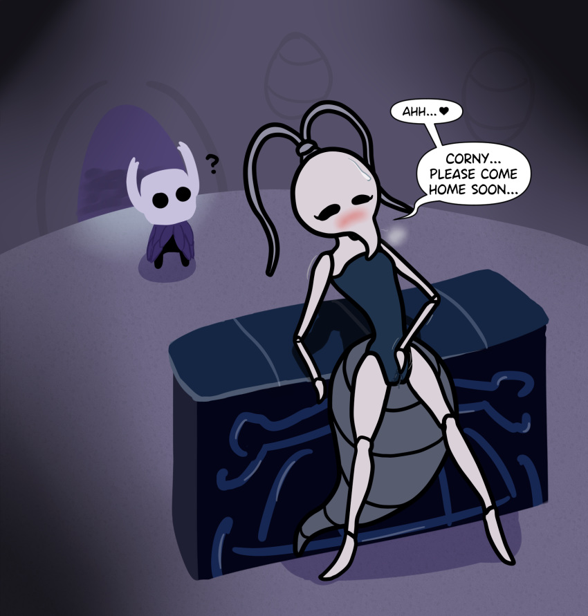 &lt;3 arthropod being_watched bodily_fluids hi_res hollow_knight insect iselda_(hollow_knight) looking_at_another masturbation naughtysableye protagonist_(hollow_knight) speech_bubble sweat sweatdrop team_cherry text vaginal vaginal_masturbation vessel_(species) video_games