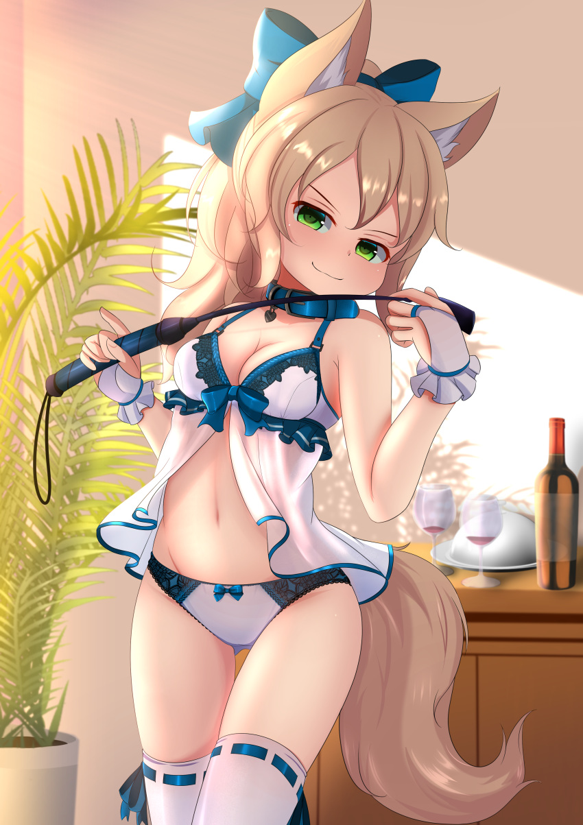 1girl absurdres animal_ear_fluff animal_ears ass_visible_through_thighs babydoll bottle bow breasts bridal_gauntlets brown_hair cleavage collar cup drinking_glass fox_ears fox_tail green_eyes hair_bow highres hotel01 long_hair navel original panties plant potted_plant ribbon riding_crop smile solo tail thigh_gap thighhighs thighs underwear underwear_only white_babydoll white_legwear white_panties wine_bottle wine_glass