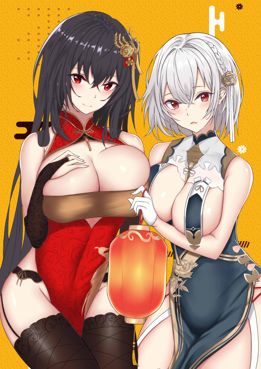 2girls absurdres azur_lane bangs bare_shoulders black_hair black_legwear blush braid breast_curtains breasts bridal_gauntlets china_dress chinese_clothes cleavage cleavage_cutout closed_mouth cutout_above_navel dress egasumi floral_print flower garter_straps gloves grey_dress hair_between_eyes hair_flower hair_ornament half_gloves hand_on_own_chest highres lantern large_breasts long_hair looking_at_viewer multiple_girls neckwear_between_breasts open_mouth paper_lantern pelvic_curtain red_dress red_eyes revealing_clothes short_hair side_braid side_slit sideboob sirius_(azur_lane) sirius_(azure_horizons)_(azur_lane) smile taihou_(azur_lane) taihou_(phoenix's_spring_song)_(azur_lane) thighhighs thighs white_gloves white_hair yellow_background zhl-