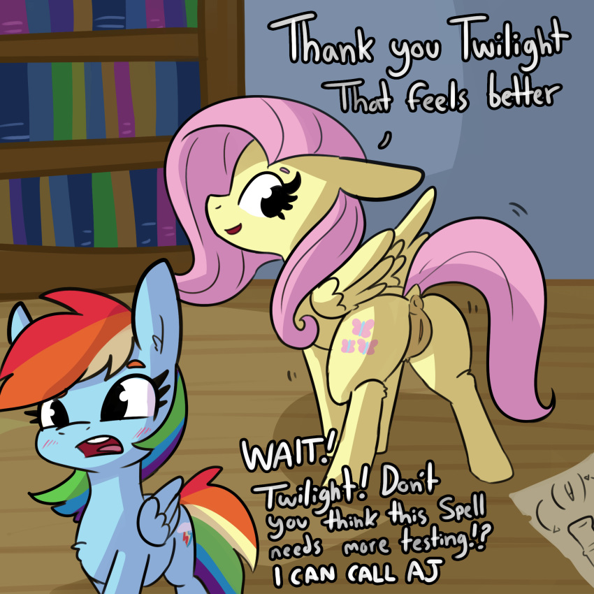 1:1 2020 anus blush book cutie_mark dialogue duo english_text equid equine female feral fluttershy_(mlp) friendship_is_magic genitals hi_res inside male mammal my_little_pony pterippus pussy rainbow_dash_(mlp) text tjpones wings