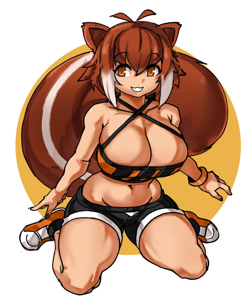 1girl absurdres alternate_costume animal_ears antenna_hair black_nails blazblue bracelet breasts brown_eyes brown_hair chestnut_mouth cleavage criss-cross_halter crop_top eyebrows_visible_through_hair full_body groin halterneck highres huge_breasts jewelry large_tail lowleg lowleg_shorts makoto_nanaya midriff multicolored_hair navel shoes short_hair short_shorts shorts sitting sneakers solo squirrel_ears squirrel_girl squirrel_tail tail thick_thighs thighs two-tone_hair wariza white_hair zana