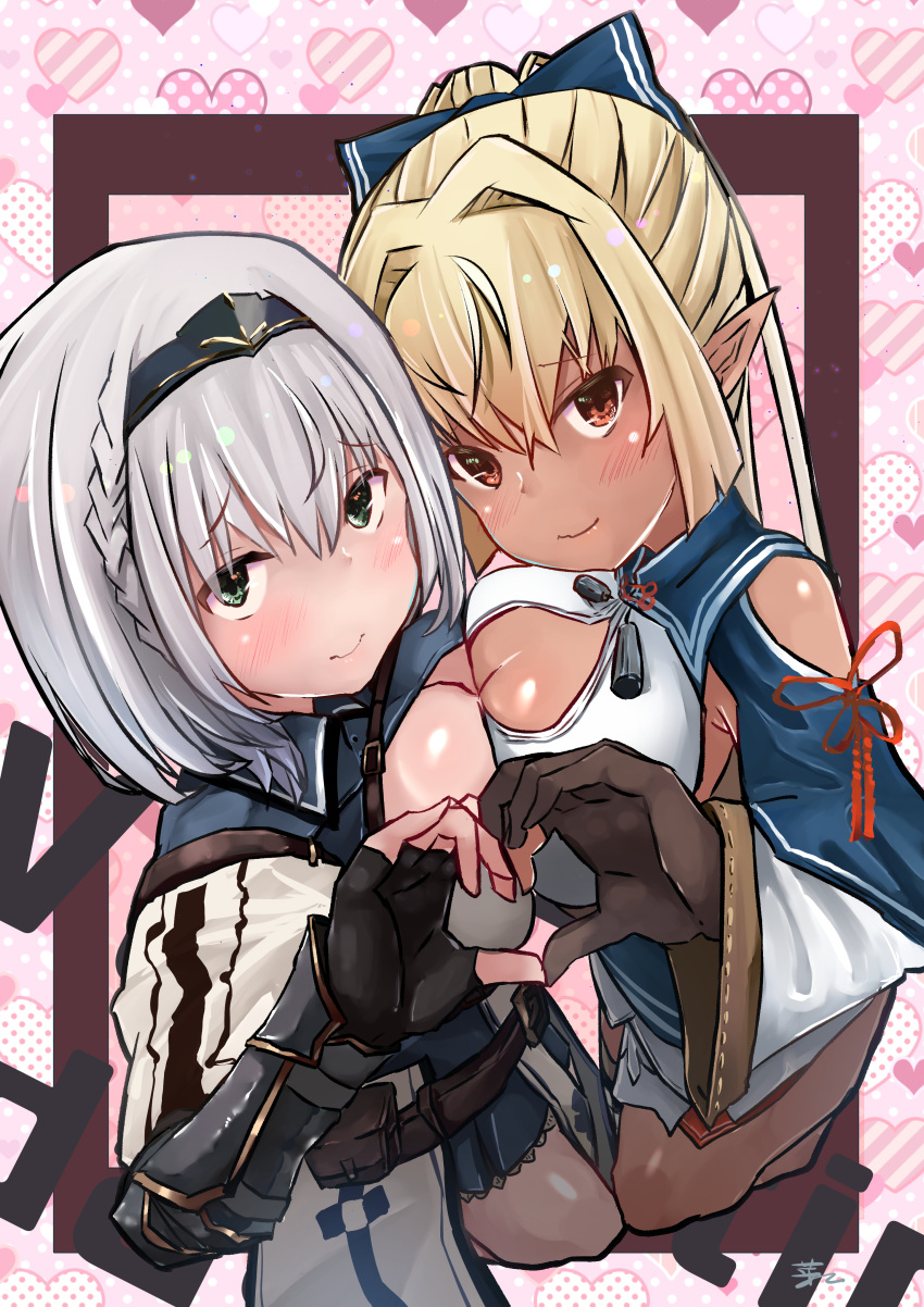2girls absurdres bare_shoulders black_gloves blonde_hair blush braid breast_press breasts brown_gloves circlet cleavage cleavage_cutout closed_mouth dark_skin elf eyebrows_visible_through_hair fingerless_gloves gloves green_eyes hair_between_eyes heart heart_hands heart_hands_duo highres hololive knees_together_feet_apart looking_at_viewer memeno_kei multiple_girls partly_fingerless_gloves pointy_ears red_eyes shiranui_flare shirogane_noel shoulder_cutout signature smile symmetrical_docking virtual_youtuber white_hair wrist_guards