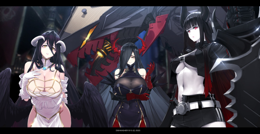 3girls ahoge albedo azur_lane bangs bare_shoulders bikini_top black_gold_saw black_hair black_rock_shooter black_wings blush breasts cleavage closed_mouth collarbone demon_girl demon_horns demon_wings dishwasher1910 dress feathered_wings friedrich_der_grosse_(azur_lane) gloves hair_between_eyes hair_over_one_eye highres holding horns huge_weapon king_saw large_breasts letterboxed long_hair looking_at_viewer midriff multiple_girls navel overlord_(maruyama) pale_skin panties red_eyes red_horns rigging shorts slit_pupils smile sword underwear very_long_hair weapon white_dress white_gloves wings yellow_eyes