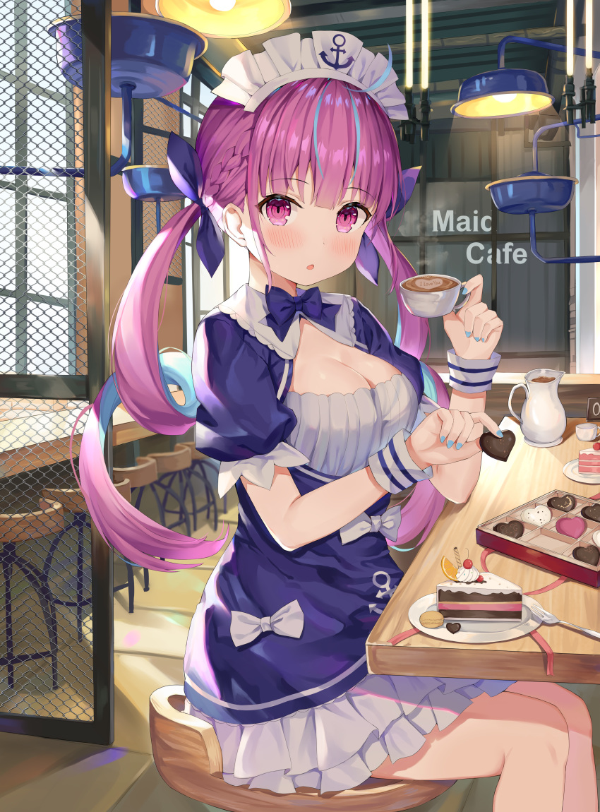1girl absurdres aqua_nails blush breasts cafe cake chinese_commentary cleavage commentary_request cookie eating english_text food fork heart-shaped_food highres hokori_sakuni hololive indoors long_hair macaron maid_headdress medium_breasts minato_aqua open_mouth petticoat pitcher puffy_short_sleeves puffy_sleeves purple_eyes purple_hair short_sleeves sitting solo sweets twintails virtual_youtuber