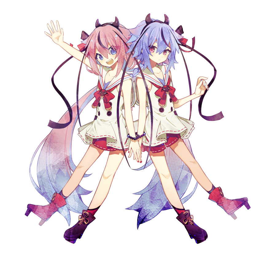 2others :d arm_up bare_arms boots bracelet braid collarbone double-breasted full_body gradient_hair hair_ribbon highres horns jewelry long_hair meika_hime meika_mikoto miwasiba multicolored_hair multiple_others official_art open_mouth pink_eyes pink_hair purple_eyes purple_hair purple_nails red_nails red_ribbon red_shorts red_skirt ribbon sailor_collar shorts single_braid skirt sleeveless smile symmetry transparent_background twintails very_long_hair vocaloid