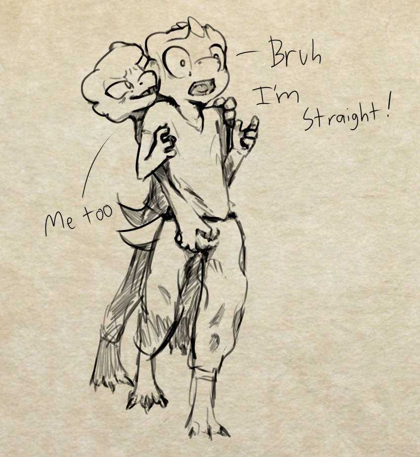 blush bulge bulge_fondling clothed clothing dialogue duo english_text forced grabbing_from_behind hand_on_bulge hi_res kobold male male/male mithobits no_homo scalie simple_background sketch stated_heterosexuality surprise text