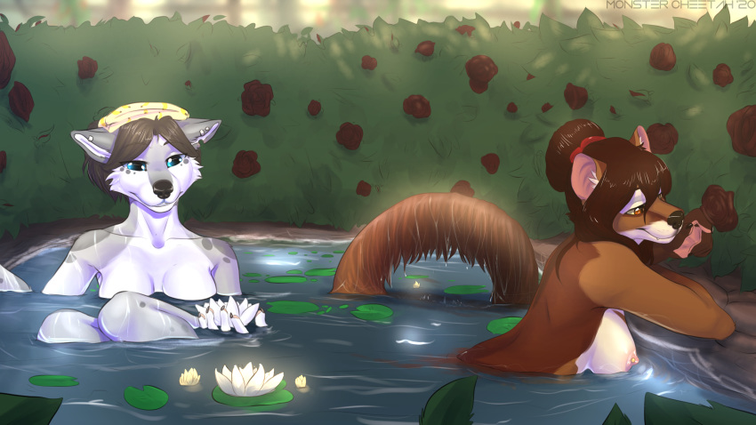 16:9 anthro areola black_nose breasts brown_hair canid canine canis day detailed_background domestic_dog duo euplerid excitedcargoyle eyebrows eyelashes female fossa hair hi_res mammal nipples nude outside partially_submerged smile