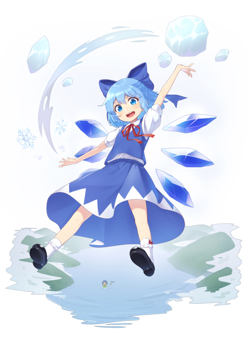 2girls absurdres arm_up black_footwear blue_bow blue_eyes blue_hair blue_skirt blue_vest bow cirno detached_wings flying hair_bow highres ice ice_wings kanpa_(campagne_9) looking_at_viewer mary_janes misty_lake multiple_girls neck_ribbon open_mouth outstretched_arms red_bow red_neckwear ribbon shirt shoes short_hair short_sleeves skirt snowflakes touhou vest wakasagihime water white_legwear white_shirt wings