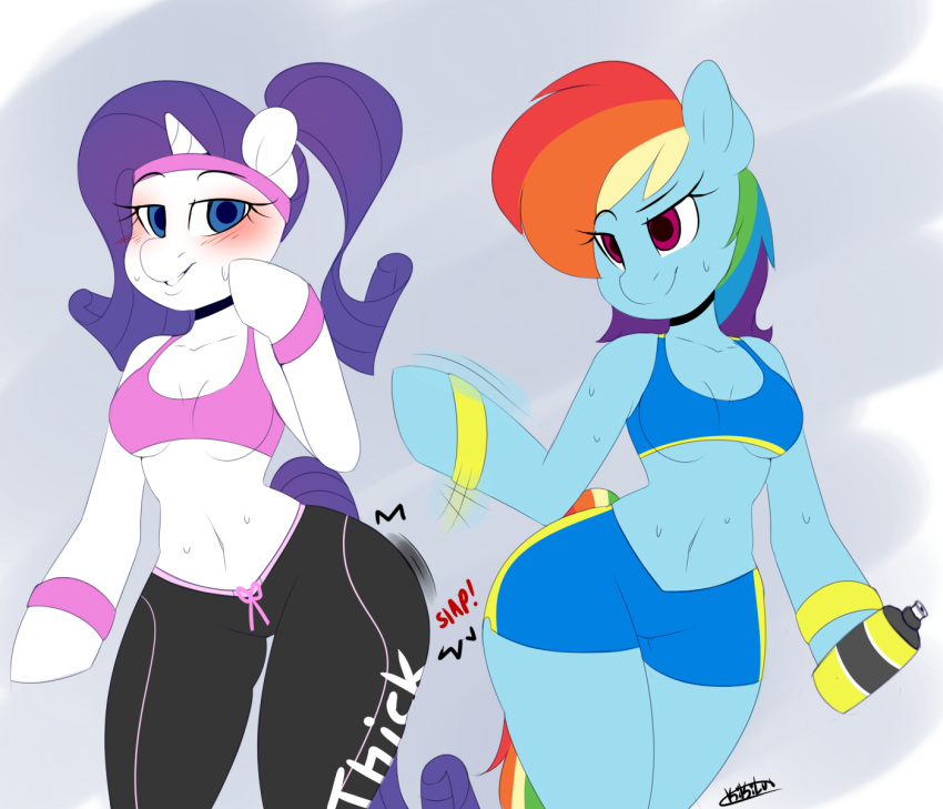 anthro big_breasts blush bodily_fluids breasts duo equid female female/female friendship_is_magic hi_res horn kikiluv mammal my_little_pony rarity_(mlp) spanking sweat under_boob unicorn water_bottle wide_hips