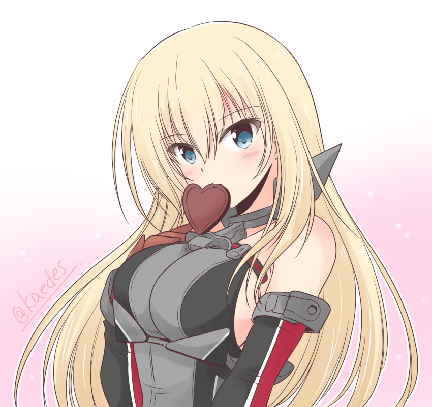 1girl bangs bismarck_(kantai_collection) blonde_hair blue_eyes blush breasts candy chocolate chocolate_heart elbow_gloves eyebrows_visible_through_hair food gloves gradient gradient_background hand_on_own_chest heart highres icesherbet kantai_collection large_breasts long_hair military military_uniform mouth_hold no_hat no_headwear solo twitter_username two-tone_background uniform upper_body