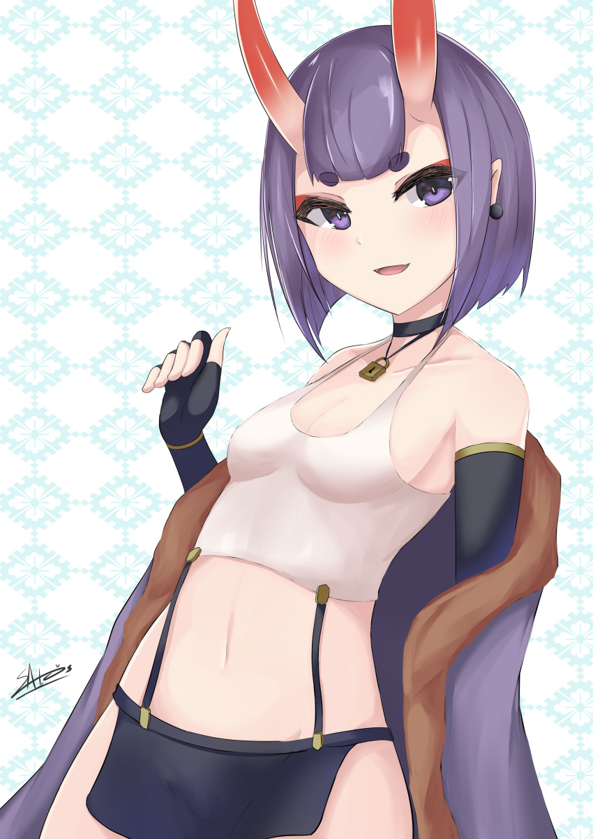 1girl :d absurdres bangs bare_shoulders black_choker black_gloves black_skirt blush choker collarbone commentary_request earrings elbow_gloves eyebrows_visible_through_hair fangs fate/grand_order fate_(series) fingerless_gloves gloves groin hand_up highres horns ichikawayan jewelry lock looking_at_viewer midriff navel oni oni_horns open_mouth padlock pointy_ears purple_eyes purple_hair short_eyebrows short_hair shuten_douji_(fate/grand_order) signature skirt smile solo tank_top thick_eyebrows white_tank_top