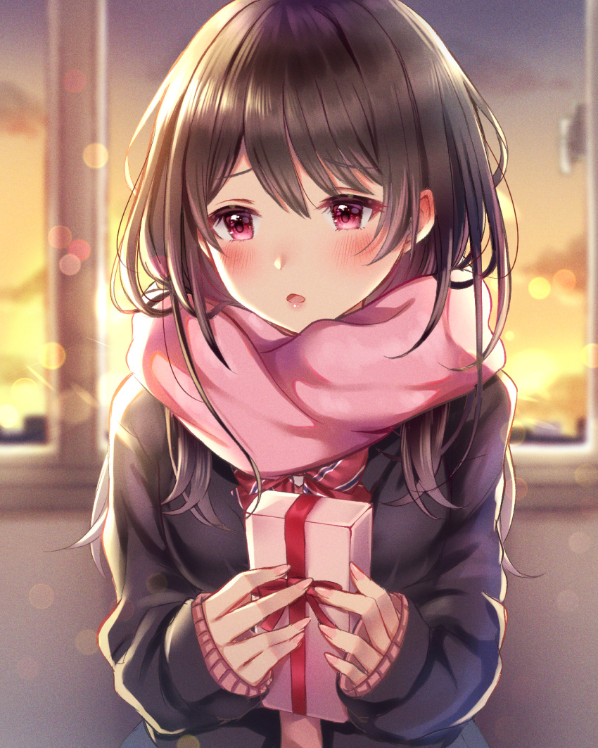 1girl ai_(sigatutoukaa) bangs black_hair black_jacket blurry blurry_background blush bow box commentary_request depth_of_field diagonal-striped_bow diagonal_stripes eyebrows_visible_through_hair gift gift_box hair_between_eyes highres holding holding_gift incoming_gift indoors jacket long_hair long_sleeves looking_away looking_to_the_side open_clothes open_jacket original parted_lips pink_scarf pink_sweater red_bow red_eyes scarf school_uniform sleeves_past_wrists solo striped sunset sweater upper_body valentine window