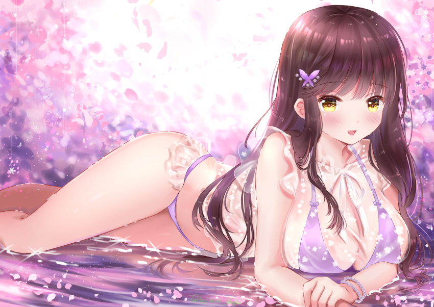 1girl bare_shoulders bead_bracelet beads bikini bracelet breasts brown_hair cleavage collarbone fujimori_shiki hair_ornament jewelry large_breasts long_hair looking_at_viewer lying open_mouth original purple_bikini see-through smile solo sparkle swimsuit thighs water yellow_eyes