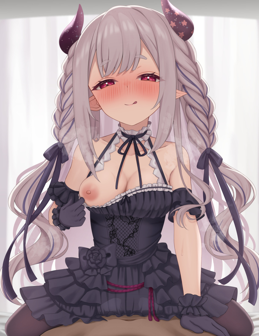 1boy 1girl bangs black_dress black_gloves black_pantyhose blush braid breasts closed_mouth clothed_female_nude_male cowgirl_position curtains dress gloves grey_hair hetero highres horns indoors large_areolae licking_lips long_hair medium_breasts naraka_(nijisanji) nijisanji nude one_breast_out pantyhose pointy_ears pulled_by_self red_eyes straddling tongue tongue_out virtual_youtuber wavy_hair yukamikayu