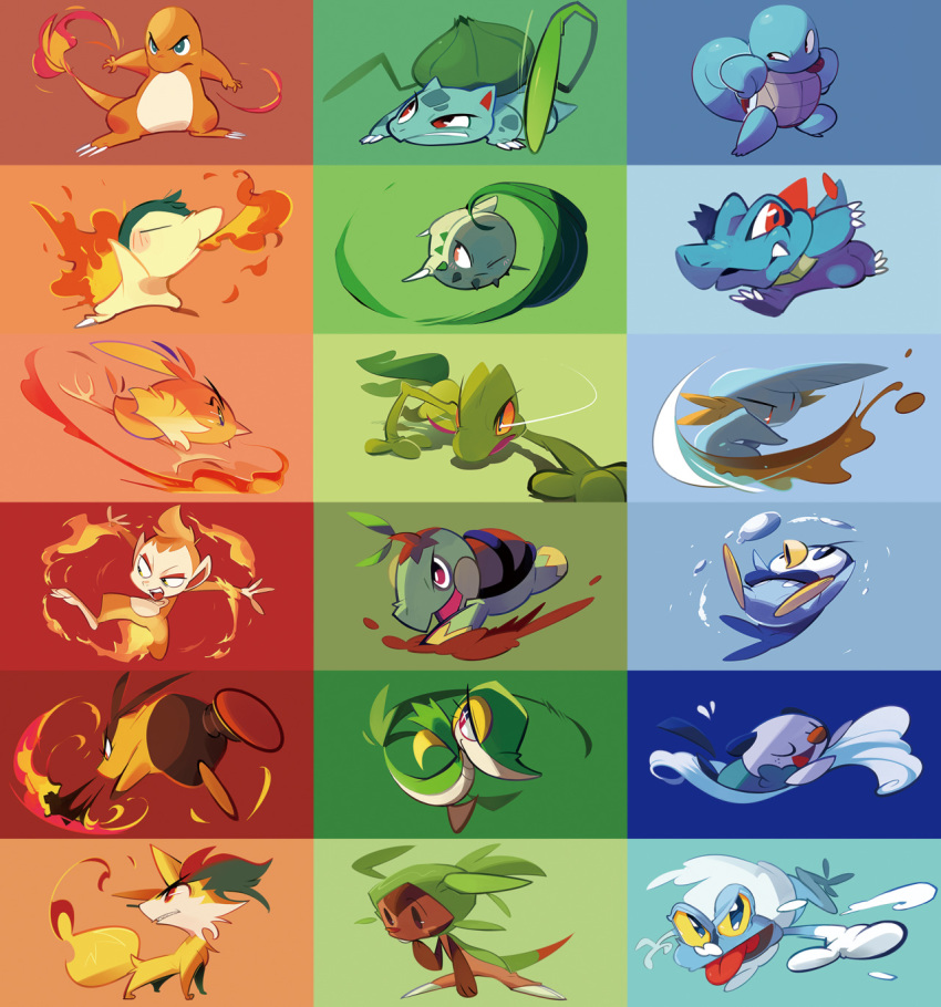 brown_eyes bulbasaur charmander chespin chikorita chimchar claws closed_eyes creature cyndaquil fennekin fiery_tail fire flame froakie frog full_body gen_1_pokemon gen_2_pokemon gen_3_pokemon gen_4_pokemon gen_5_pokemon gen_6_pokemon gen_7_pokemon highres looking_at_viewer monkey mudkip no_humans oshawott pig piplup pokemon pokemon_(creature) red_eyes snivy squirtle standing swimming tail tepig torchic totodile treecko turtwig water