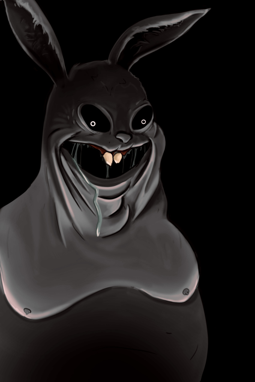 2:3 absurd_res big_chungus black_background bodily_fluids drooling hi_res lagomorph leporid male mammal nightmare_fuel open_mouth overweight overweight_male rabbit saliva scary simple_background terrifying