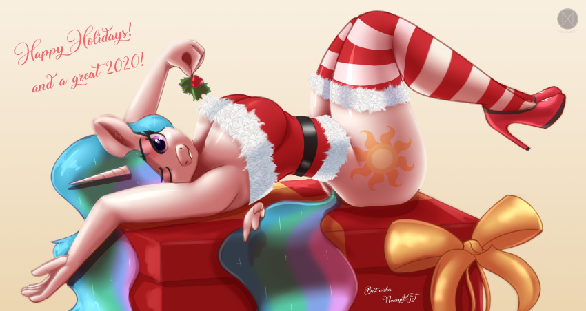 absurd_res anthro big_breasts bottomless breasts butt christmas cleavage clothed clothing equid female footwear friendship_is_magic gift hi_res high_heels holidays horn mammal mistletoe my_little_pony nexcoyotlgt one_eye_closed plant princess_celestia_(mlp) shoes text thing_highs winged_unicorn wings wink