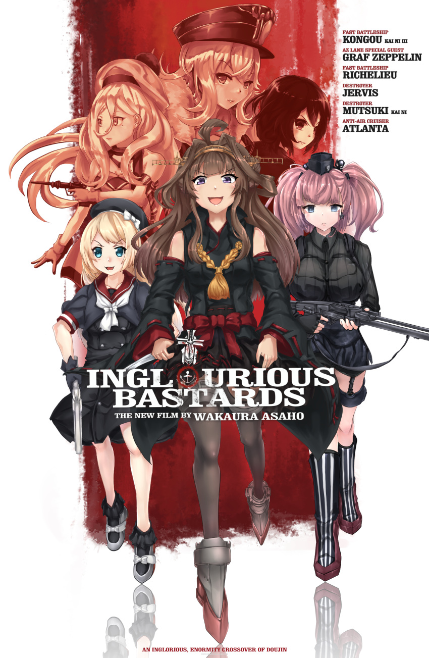 6+girls ahoge atlanta_(kantai_collection) azur_lane beret black_headwear blonde_hair blue_eyes boots breasts brown_hair crossover double_bun earrings garrison_cap gloves graf_zeppelin_(azur_lane) grey_eyes gun hair_between_eyes hairband hat high_heels highres inglourious_basterds jervis_(kantai_collection) jewelry kantai_collection kongou_(kantai_collection) large_breasts long_hair mary_janes mole mole_under_eye mole_under_mouth multiple_girls mutsuki_(kantai_collection) nontraditional_miko parody remodel_(kantai_collection) richelieu_(kantai_collection) sailor_hat shoes skirt star star_earrings thigh_boots thigh_strap thighhighs two_side_up wakaura_asaho weapon white_gloves