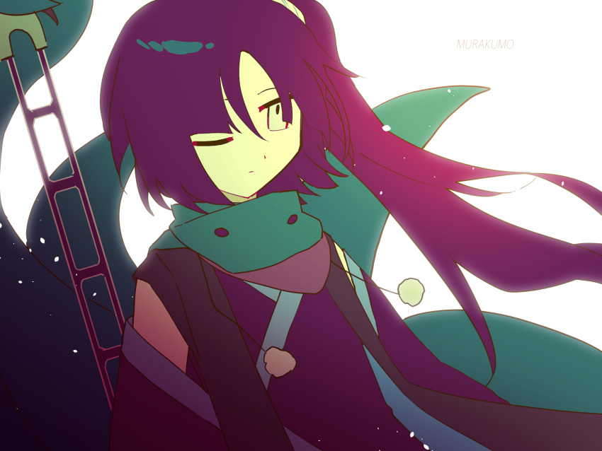 1other adagumo_no_yaorochi androgynous bare_shoulders black_hair black_jacket black_kimono black_sleeves blunt_bangs closed_mouth detached_sleeves dot_nose double-parted_bangs expressionless floating_clothes floating_hair green_scarf grey_eyes highres holding holding_sword holding_weapon jacket japanese_clothes jinbaori kimono len'en light_frown light_particles long_hair long_sleeves looking_ahead multiple_tails one_eye_closed other_focus petals pom_pom_(clothes) prehensile_hair re1re133 scarf simple_background sleeveless sleeveless_kimono snake_tail solo sword sword_of_kusanagi tail tasouken upper_body very_long_hair weapon white_background wind