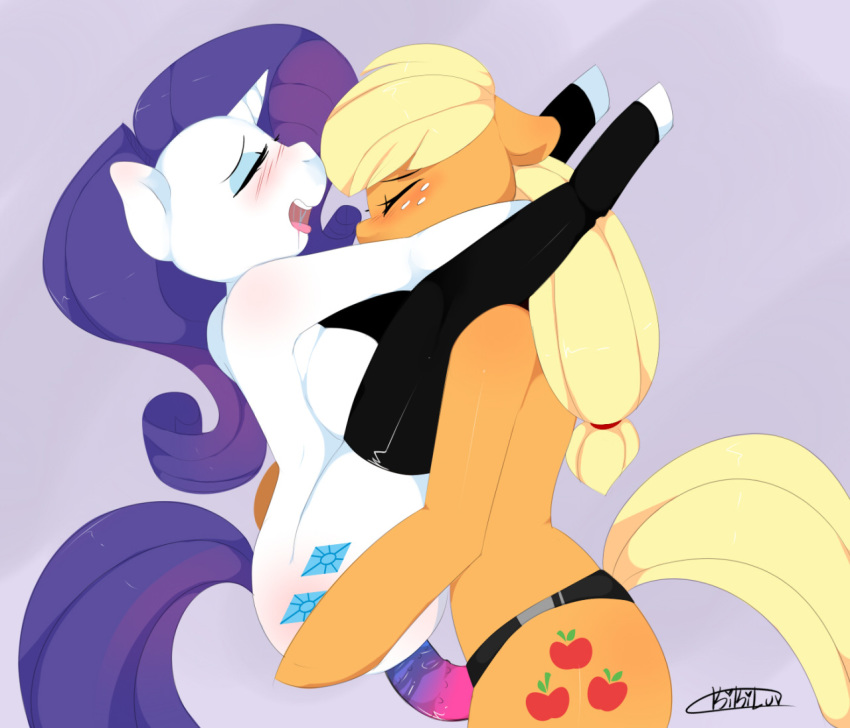 anthro anthro_on_anthro anthro_penetrated anthro_penetrating anthro_penetrating_anthro applejack_(mlp) blush dildo equid female female/female female_penetrated female_penetrating female_penetrating_female freckles friendship_is_magic horn kikiluv looking_pleasured mammal my_little_pony penetration rarity_(mlp) sex_toy strapon unicorn