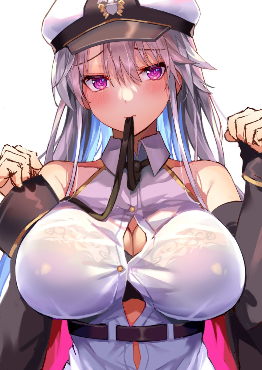 1girl azur_lane bangs bare_shoulders black_bra black_neckwear blush bra bra_through_clothes breasts cleavage commentary_request denchu_(kazudentyu) enterprise_(azur_lane) eyebrows_visible_through_hair hair_between_eyes hat highres large_breasts long_hair looking_at_viewer necktie_in_mouth peaked_cap purple_eyes see-through shirt silver_hair simple_background sleeveless sleeveless_shirt solo underwear white_background white_headwear white_shirt