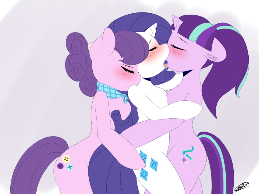 4:3 blush equid eyes_closed female female/female french_kissing friendship_is_magic group hi_res horn kikiluv kissing mammal my_little_pony rarity_(mlp) starlight_glimmer_(mlp) suri_polomare_(mlp) unicorn