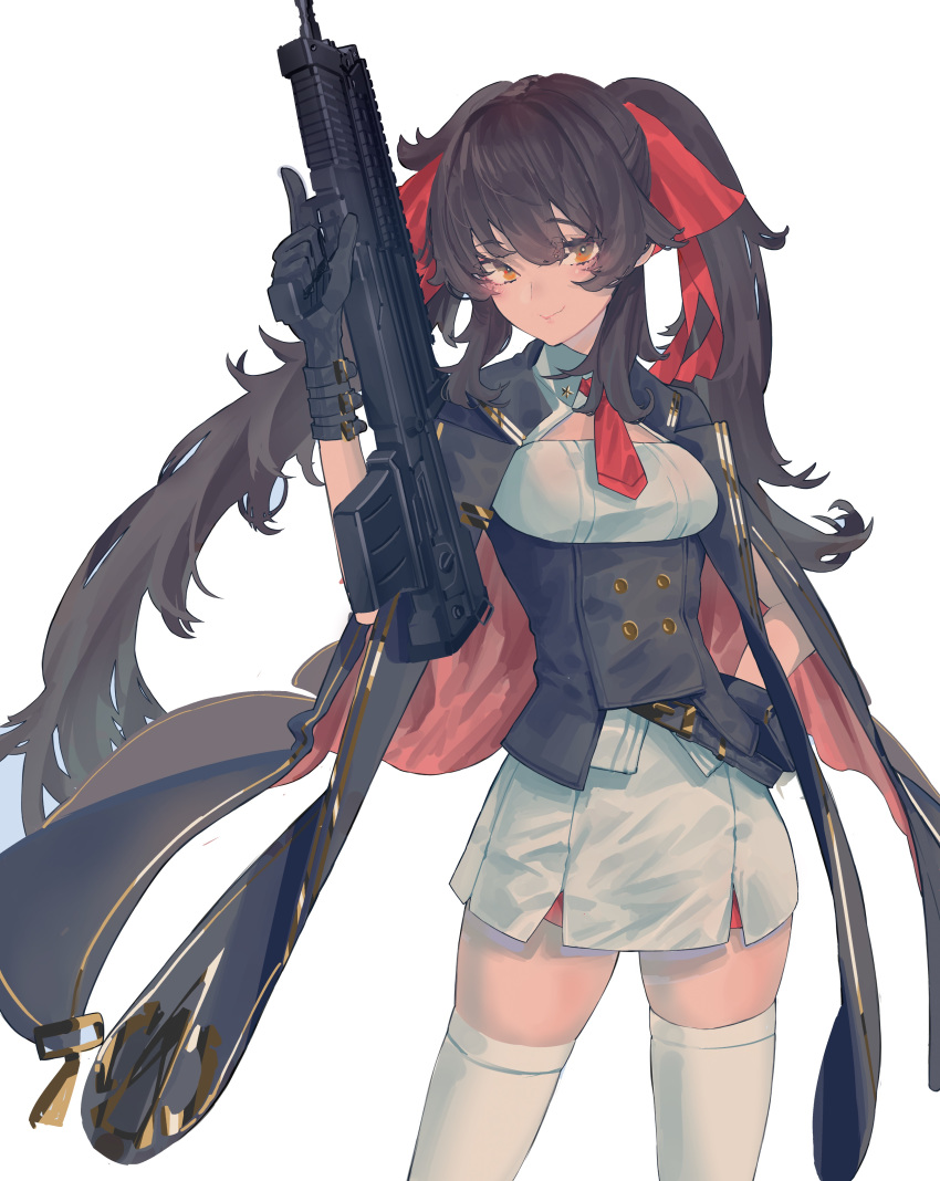 1girl absurdres assault_rifle bangs belt black_gloves black_hair blush breasts cape double-breasted girls_frontline gloves gun hair_ribbon highres holding holding_gun holding_weapon kazukingu long_hair orange_eyes qbz-97 qbz-97_(girls_frontline) red_neckwear red_ribbon ribbon rifle sidelocks simple_background skirt smile solo thighhighs twintails very_long_hair weapon white_background white_legwear white_skirt