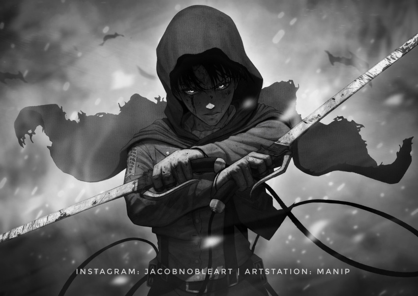 1boy ascot belt black_eyes black_hair bleeding blood blood_splatter cape capelet closed_mouth dual_wielding emblem fire highres holding holding_sword holding_weapon hood inking jacket levi_(shingeki_no_kyojin) looking_at_viewer male_focus manip monochrome paradis_military_uniform serious shingeki_no_kyojin short_hair solo survey_corps_(emblem) sword three-dimensional_maneuver_gear undercut weapon wire