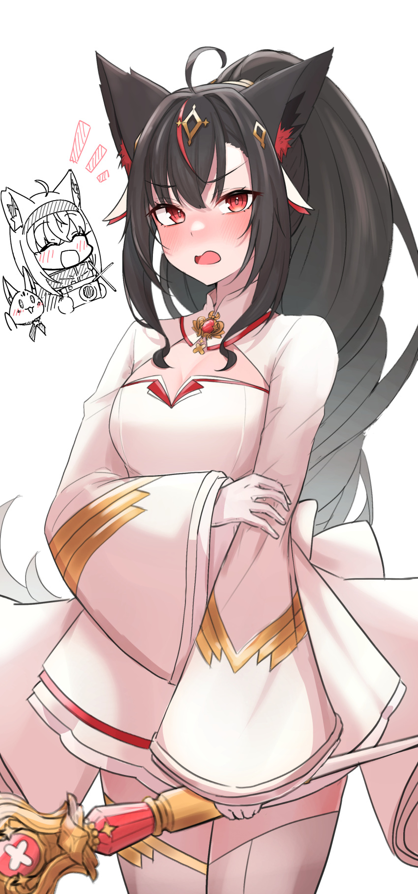 2girls absurdres ahoge animal_ear_fluff animal_ears black_hair blush braid breasts commentary_request dress fox_ears fox_girl gloves hair_between_eyes hair_ornament highres hololive jakoten_(pixiv_54744064) kurokami_fubuki long_hair looking_at_viewer mahou_shoujo_holowitch! medium_breasts multicolored_hair multiple_girls open_mouth ponytail red_eyes red_hair shirakami_fubuki sidelocks simple_background single_braid streaked_hair sukonbu_(shirakami_fubuki) thighhighs virtual_youtuber white_background white_dress white_gloves white_thighhighs zettai_ryouiki