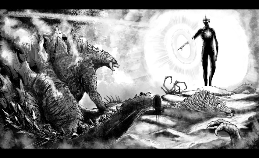 alien battle claws cloud crossover fangs fighting godzilla godzilla:_king_of_the_monsters godzilla_(2014) godzilla_(legendary) godzilla_(series) greyscale kaijuu monochrome monster no_humans okamura_(okamura086) open_mouth scales sharp_teeth smile spikes spines tail teeth tokusatsu ultra_series ultraman ultraman_(1st_series)