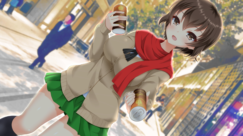 1girl absurdres backlighting bangs black_legwear black_neckwear brown_eyes brown_hair brown_sweater caesar_(girls_und_panzer) can cardigan dappled_sunlight dutch_angle girls_und_panzer giving highres holding holding_can incoming_drink kneehighs long_sleeves looking_at_viewer miniskirt multiple_others neckerchief ooarai_school_uniform open_mouth outdoors pleated_skirt red_scarf ryochapu scarf school_uniform short_hair skirt smile soda_can solo standing sunlight sweater