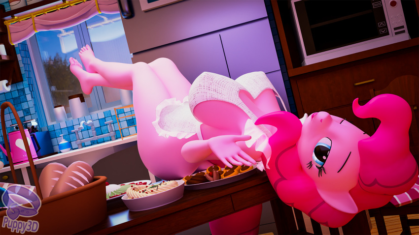 16:9 3d_(artwork) anthro anthrofied apron apron_only basket big_breasts blue_eyes bread breasts butt clothing crossed_legs digital_media_(artwork) dutch_angle earth_pony equid equine female food friendship_is_magic hair hi_res horse kitchen looking_at_viewer lying mammal mostly_nude my_little_pony nipple_outline on_back one_eye_closed pink_hair pinkie_pie_(mlp) pony puppy3d solo wink