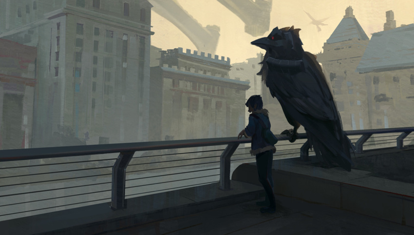 1boy bird building city corviknight creature dark gen_8_pokemon hop_(pokemon) male_focus outdoors pixiescout pokemon pokemon_(creature) pokemon_(game) pokemon_swsh scenery sky yuuki_(pokemon)