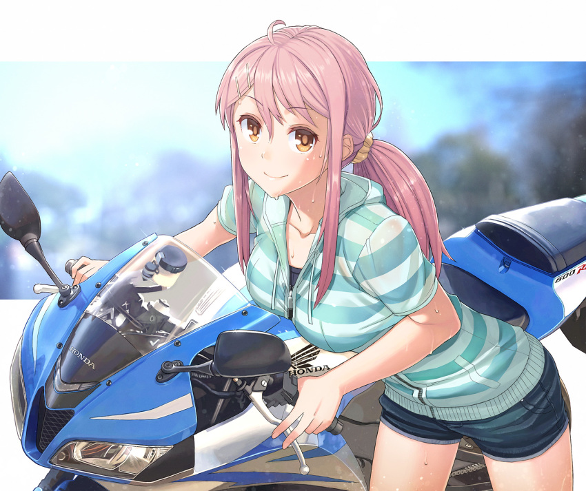 1girl bangs blush breasts brown_eyes closed_mouth commentary_request denim denim_shorts eyebrows_visible_through_hair ground_vehicle hair_between_eyes hair_ornament hair_scrunchie hairclip highres honda_cbr600rr hood hood_down hoodie itou_(onsoku_tassha) leaning_forward long_hair looking_at_viewer medium_breasts motor_vehicle motorcycle original pink_hair ponytail purple_hair scrunchie short_shorts shorts sidelocks smile solo striped_hoodie sweat tsurime zipper