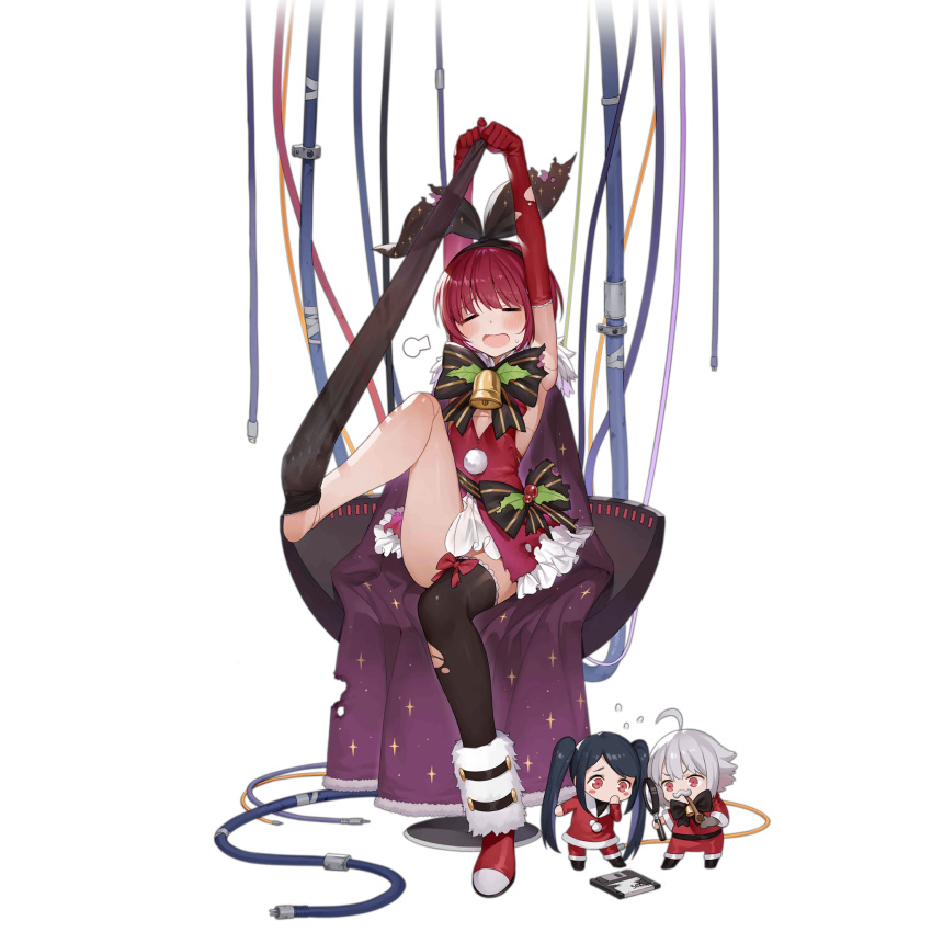 3girls ahoge bell black_hair black_legwear blush blush_stickers bow chair character_doll christmas closed_eyes dana_zane dorothy_haze elbow_gloves eyebrows_visible_through_hair facing_viewer fake_facial_hair fake_mustache floppy_disk full_body girls_frontline gloves haijin high_heels highres holding_magnifying_glass jill_stingray long_hair looking_away magnifying_glass multiple_girls official_art open_mouth pipe pipe_in_mouth red_bow red_eyes red_footwear red_gloves red_hair removing_legwear short_hair sitting thighhighs torn_clothes torn_gloves torn_legwear transparent_background twintails va-11_hall-a white_hair wire