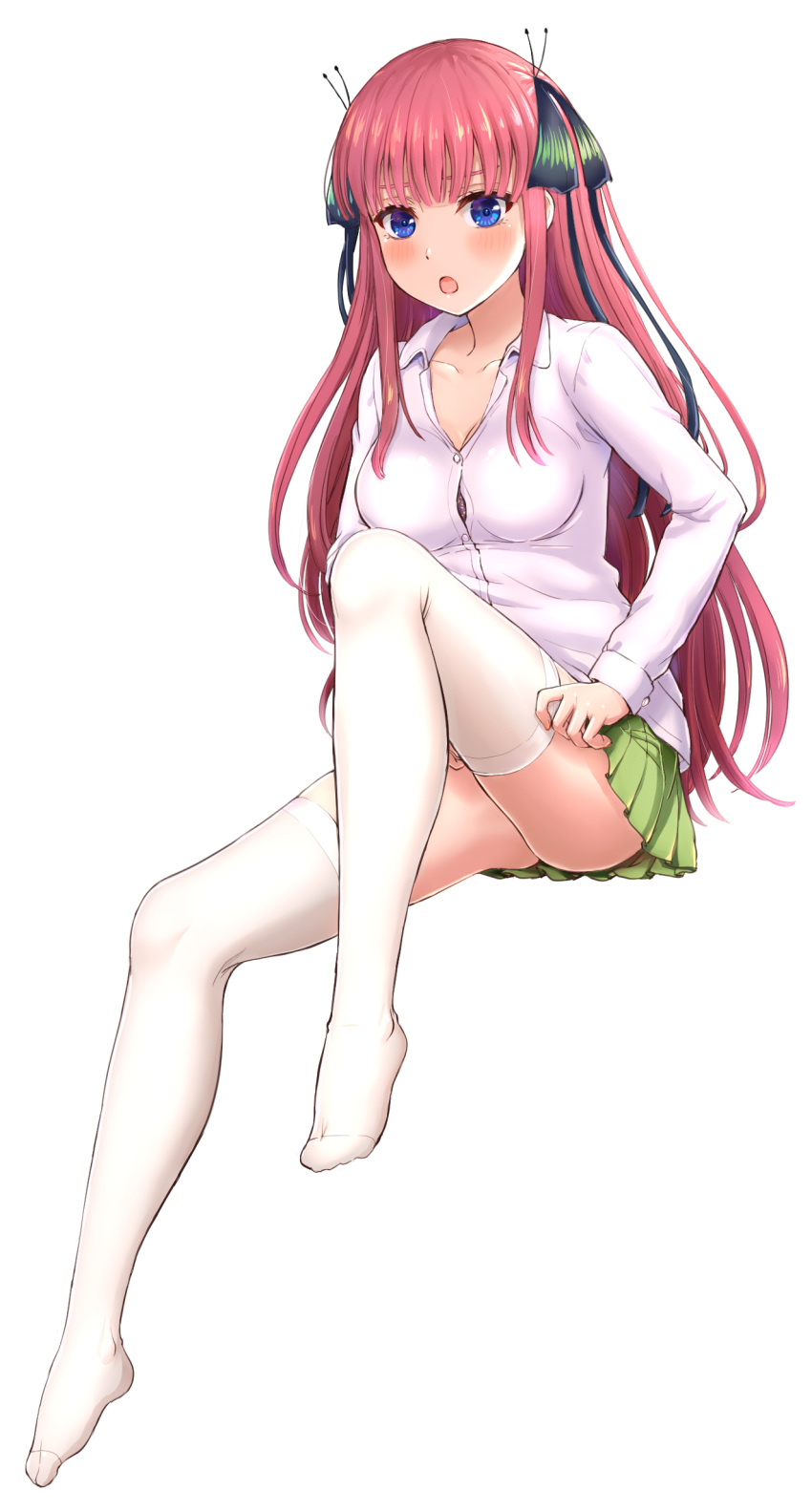 1girl :o absurdres ass bangs black_ribbon blunt_bangs blush bra bra_peek breasts butterfly_hair_ornament button_gap collarbone collared_shirt commentary_request convenient_leg dressing eyebrows_behind_hair full_body go-toubun_no_hanayome green_skirt hair_ornament hair_ribbon highres inanaki_shiki knee_up large_breasts long_hair long_sleeves looking_at_viewer nakano_nino pink_hair pleated_skirt ribbon shirt sidelocks simple_background sitting skirt solo thighhighs two_side_up underwear white_background white_legwear white_shirt zettai_ryouiki