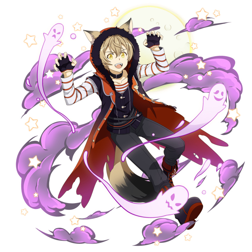 1boy :d alternate_eye_color animal_ears black_gloves black_pants blonde_hair boots coat eugeo fangs fingerless_gloves full_body full_moon gloves halloween halloween_costume highres long_sleeves looking_at_viewer male_focus moon non-web_source official_art open_mouth pants shiny shiny_hair shirt short_hair smile solo striped striped_shirt sword_art_online werewolf white_shirt wolf_ears yellow_eyes