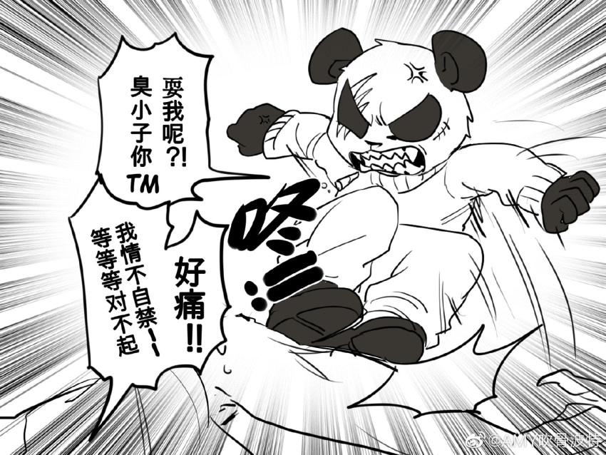 4:3 amy吹骨波特 angry anthro beastars black_and_white black_body black_fur black_nose bottomwear canid canine canis clothed clothing cub feet_wear fluffy fur giant_panda gouhin legoshi_(beastars) male mammal monochrome pants scar simple_background smoking text ursid white_body white_fur wolf young
