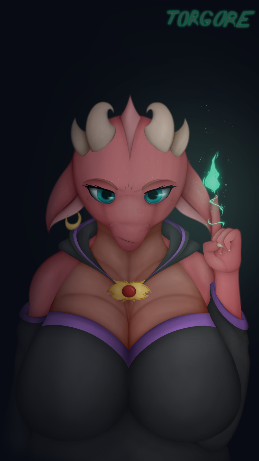 9:16 absurd_res anthro big_breasts breasts claws digital_media_(artwork) dragon ear_piercing ear_ring facing_viewer female fire green_eyes hi_res jewelry magic piercing reptile scalie simple_background taillis_(torgore) torgore